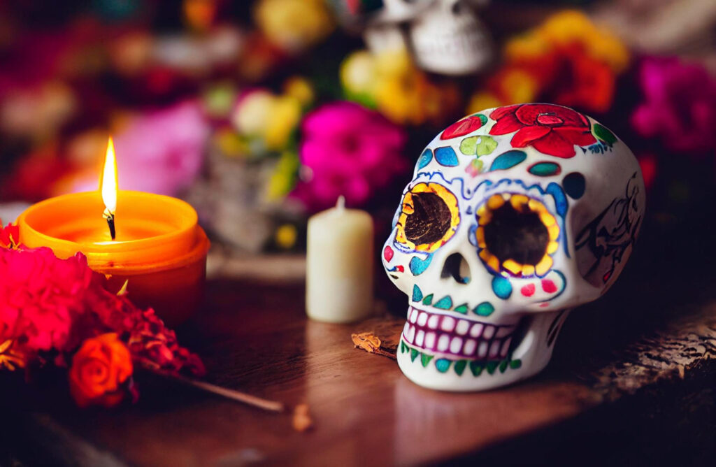 Day of the dead an altar with a sugar skull and candy