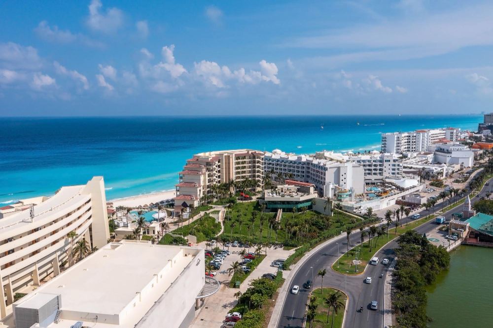 Aerial view of Hotels in Cancun near the ocean. 